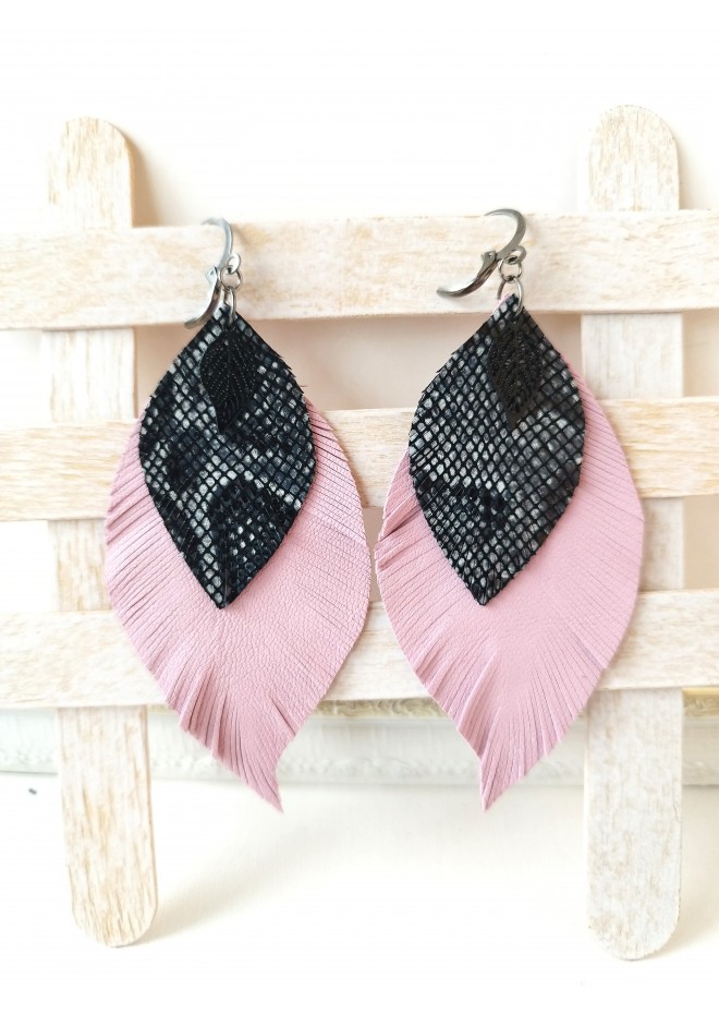 leather feather earrings pink black snake print , genuine leather jewelry 
