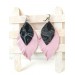 leather feather earrings pink black snake print , genuine leather jewelry 