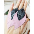 leather feather earrings pink black snake print , genuine leather jewelry 