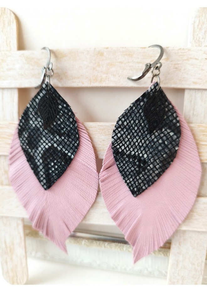 leather feather earrings pink black snake print , genuine leather jewelry 