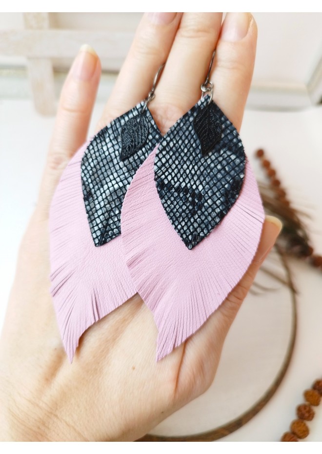 leather feather earrings pink black snake print , genuine leather jewelry 