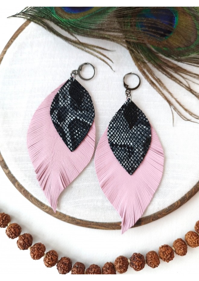 leather feather earrings pink black snake print , genuine leather jewelry 