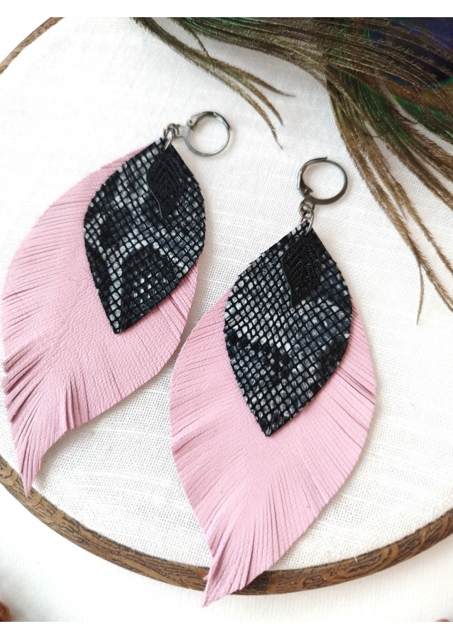 leather feather earrings pink black snake print , genuine leather jewelry 