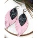 leather feather earrings pink black snake print , genuine leather jewelry 