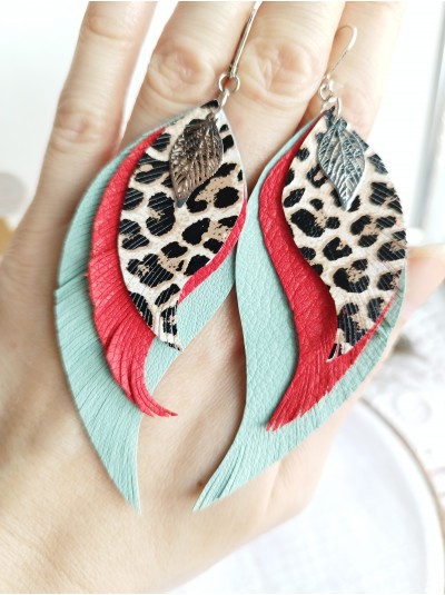 Turquoise red leopard leather wings earrings.