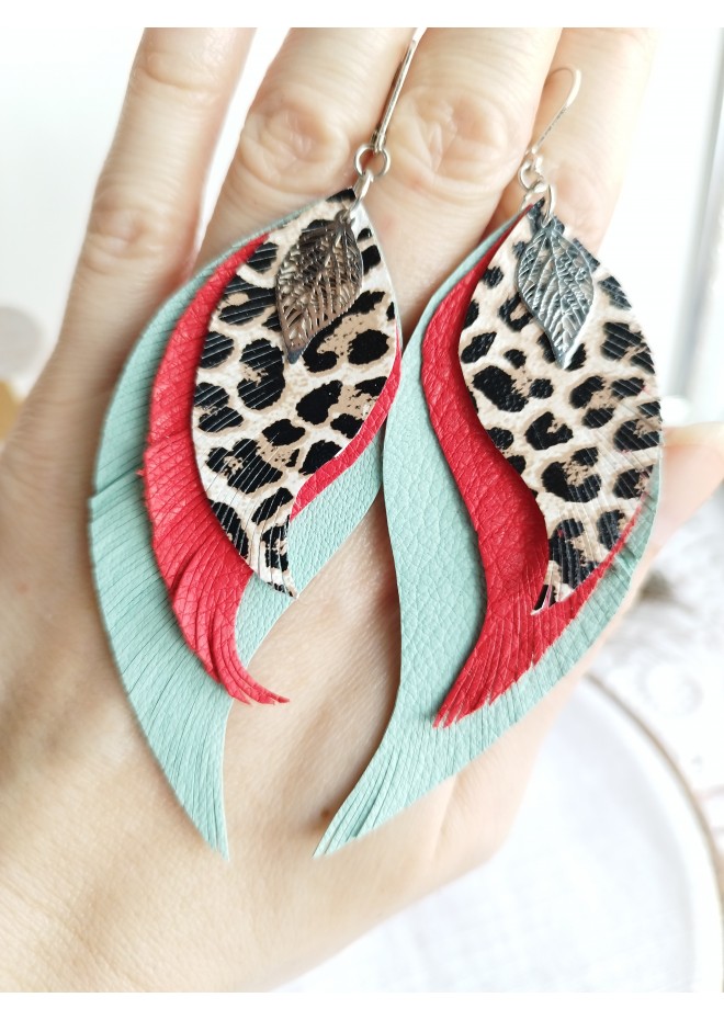 Long feathers earrings genuine leather jewelry  
