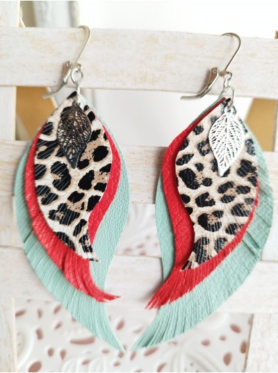 Turquoise red leopard leather wings earrings.