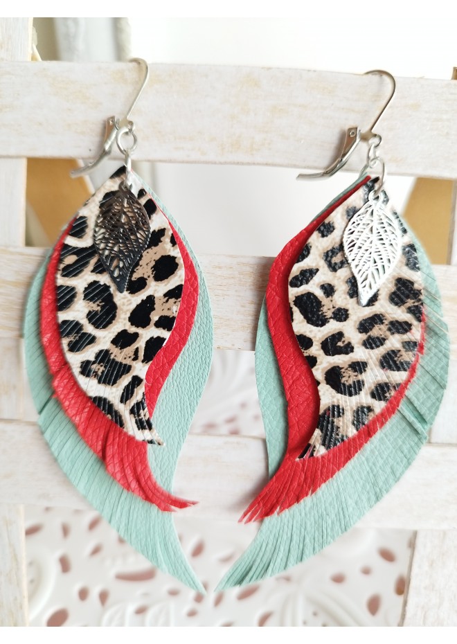 Long feathers earrings genuine leather jewelry  