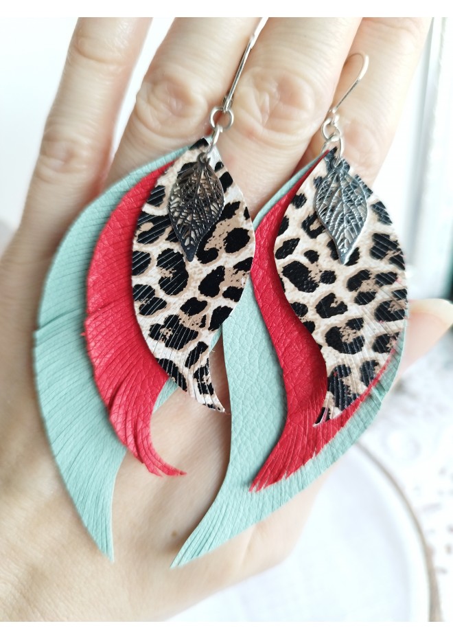 Long feathers earrings genuine leather jewelry  