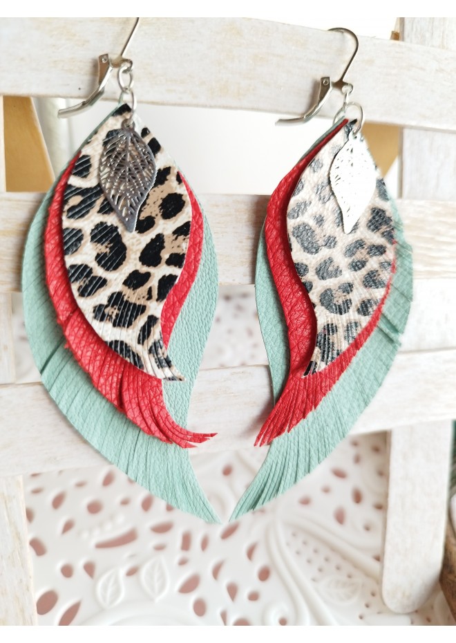 Long feathers earrings genuine leather jewelry  