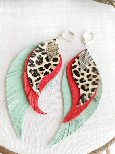 Turquoise red leopard leather wings earrings.