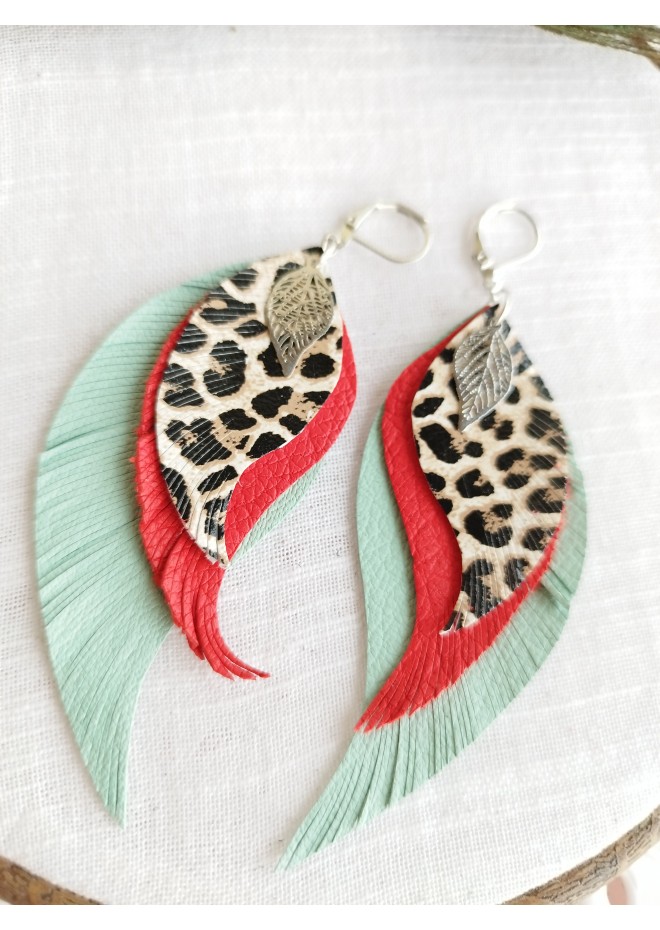 Long feathers earrings genuine leather jewelry  