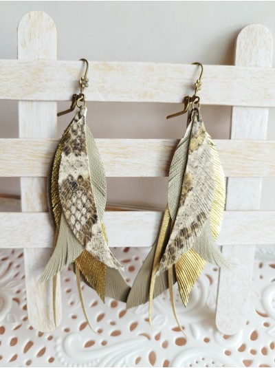 Snake print gold leather feather earrings.  