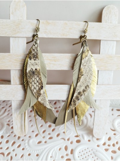 Snake print gold leather feather earrings.  