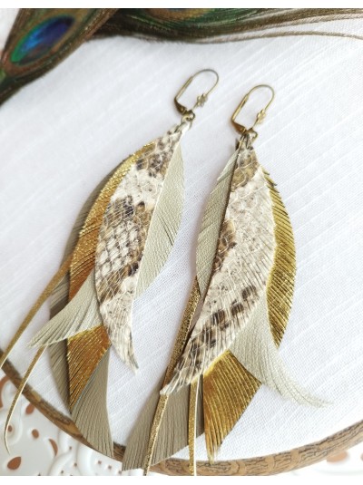 Snake print gold leather feather earrings.  