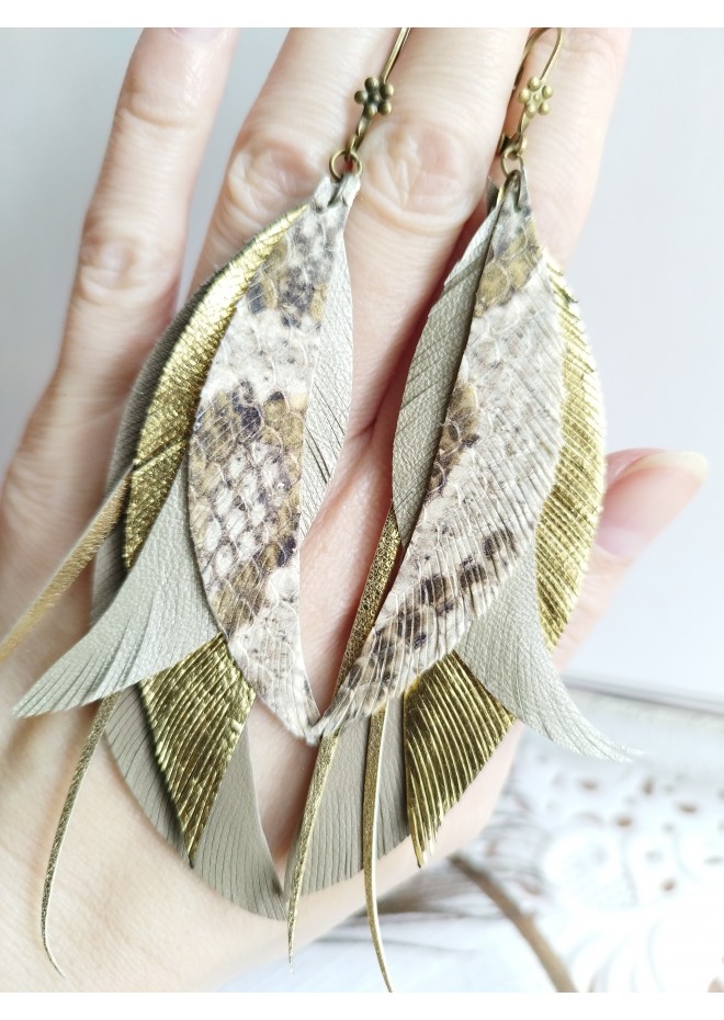 Multi layered earrings made from genuine leather