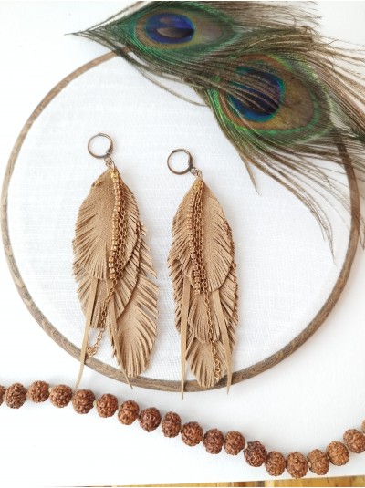 Soft beige with chain leather feather earrings.