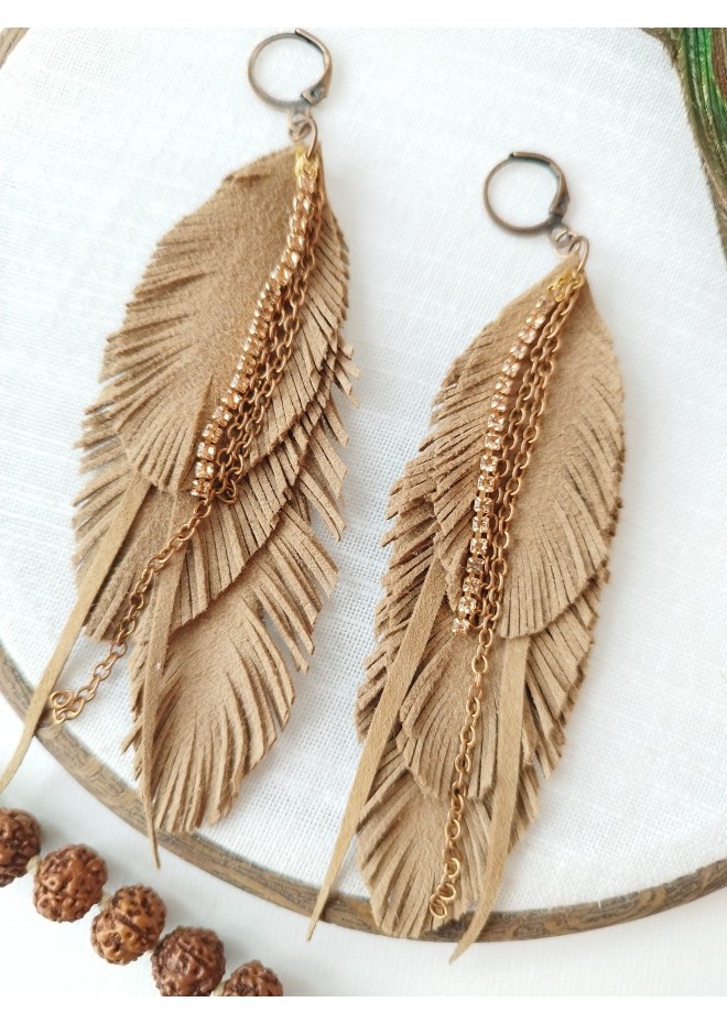 Unique high quality hand cut genuine leather feather earrings.