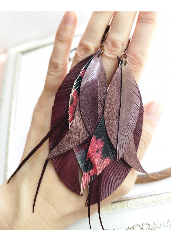 long leather feather burgundi  earrings genuine leather jewelry