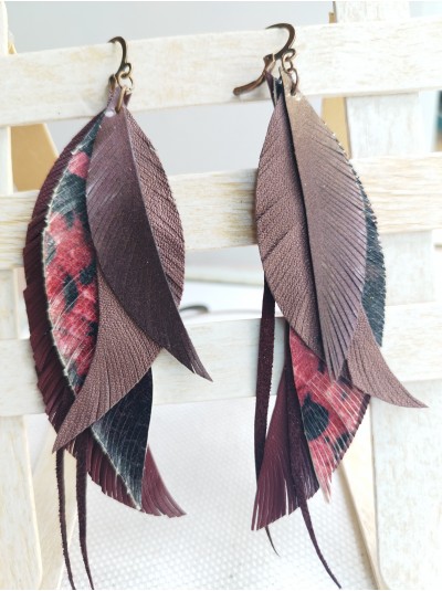Maroon leather feather earrings.  