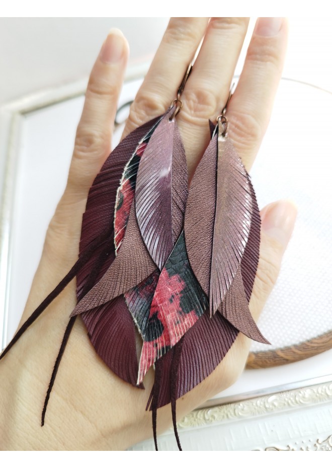 long leather feather burgundi  earrings genuine leather jewelry