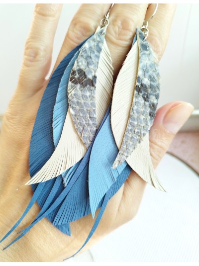 Snake print blue leather feather earrings.  