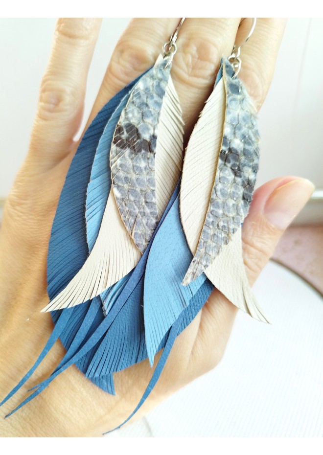long leather feather blue beige  earrings genuine leather jewelry