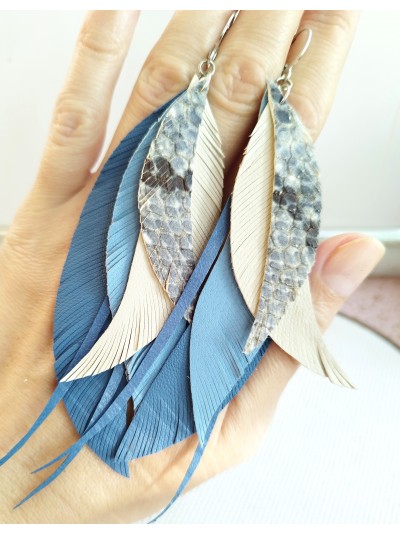 Snake print blue leather feather earrings.  
