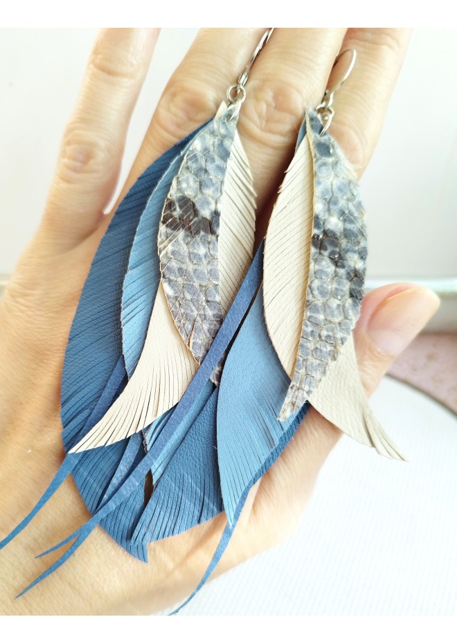 long leather feather blue beige  earrings genuine leather jewelry