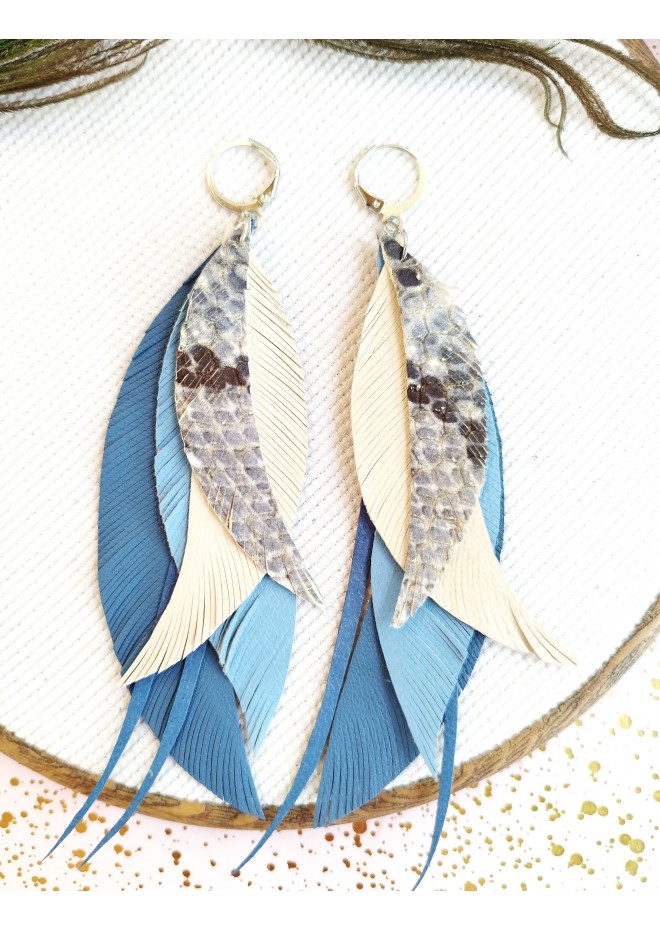 long leather feather blue beige  earrings genuine leather jewelry
