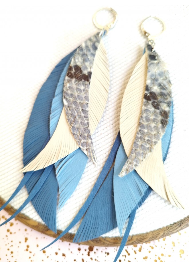 long leather feather blue beige  earrings genuine leather jewelry
