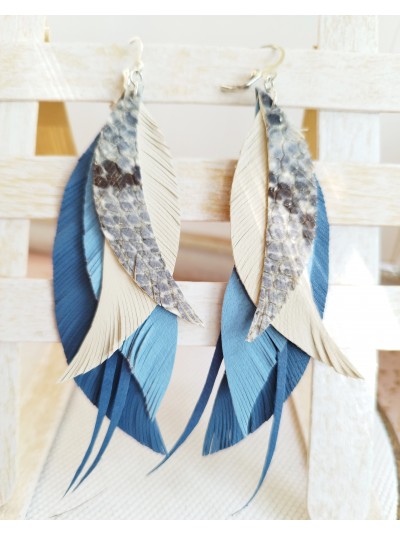 Snake print blue leather feather earrings.  