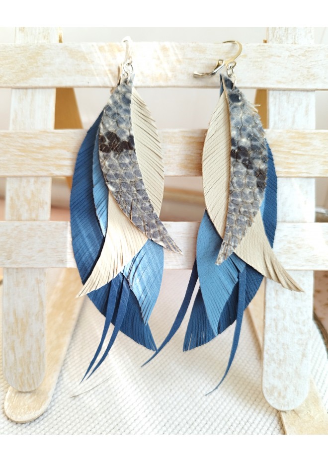long leather feather blue beige  earrings genuine leather jewelry