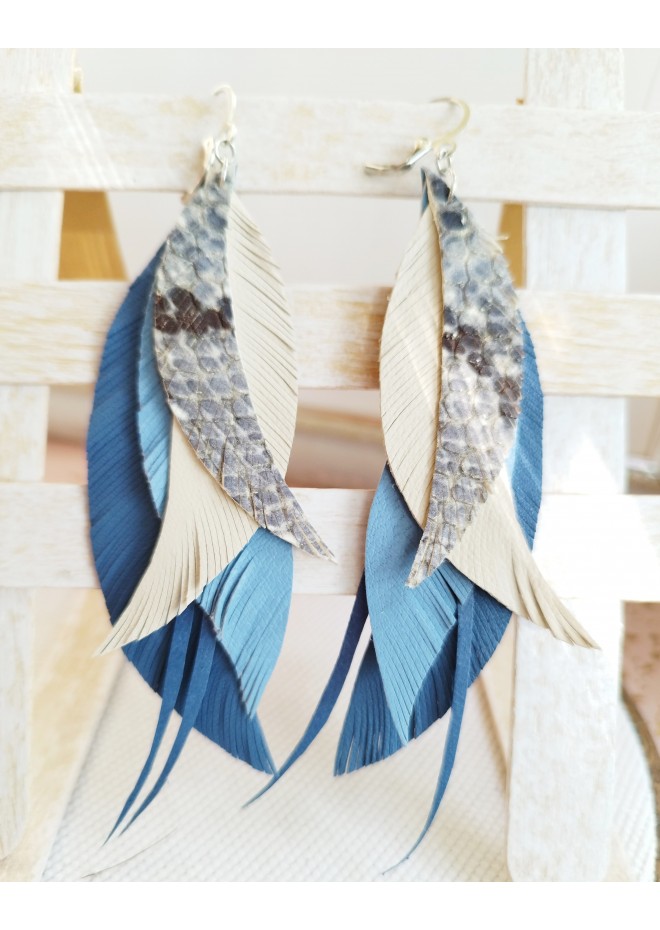 long leather feather blue beige  earrings genuine leather jewelry