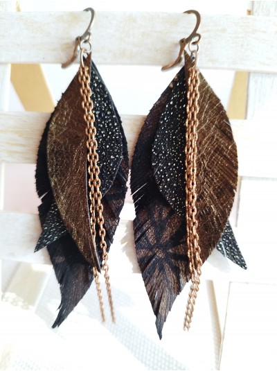 Dark brown with chain leather feather earrings.