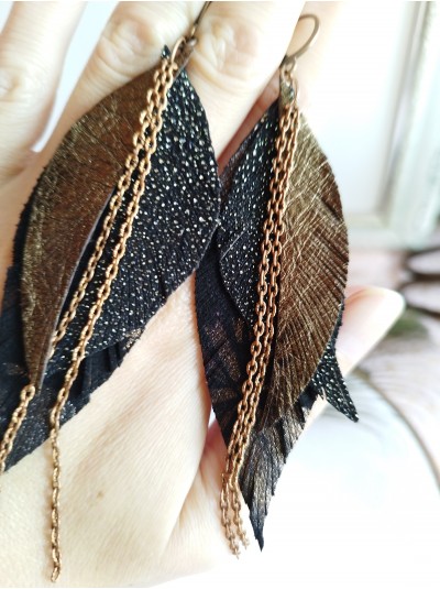 Dark brown with chain leather feather earrings.