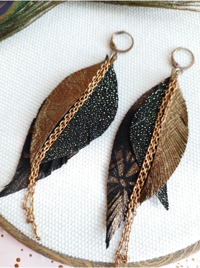 Dark brown with chain leather feather earrings.