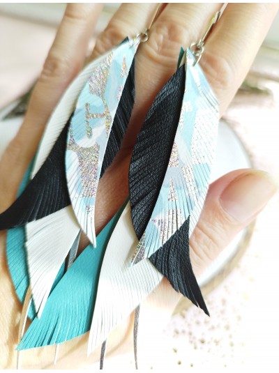 Turquoise black leather feather earrings.  