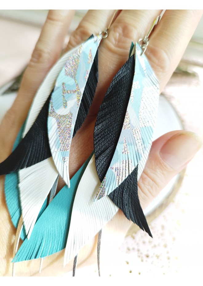 long leather feather turquoise white earrings genuine leather jewelry