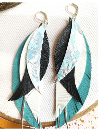 Turquoise black leather feather earrings.  