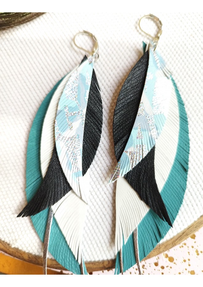 long leather feather turquoise white earrings genuine leather jewelry