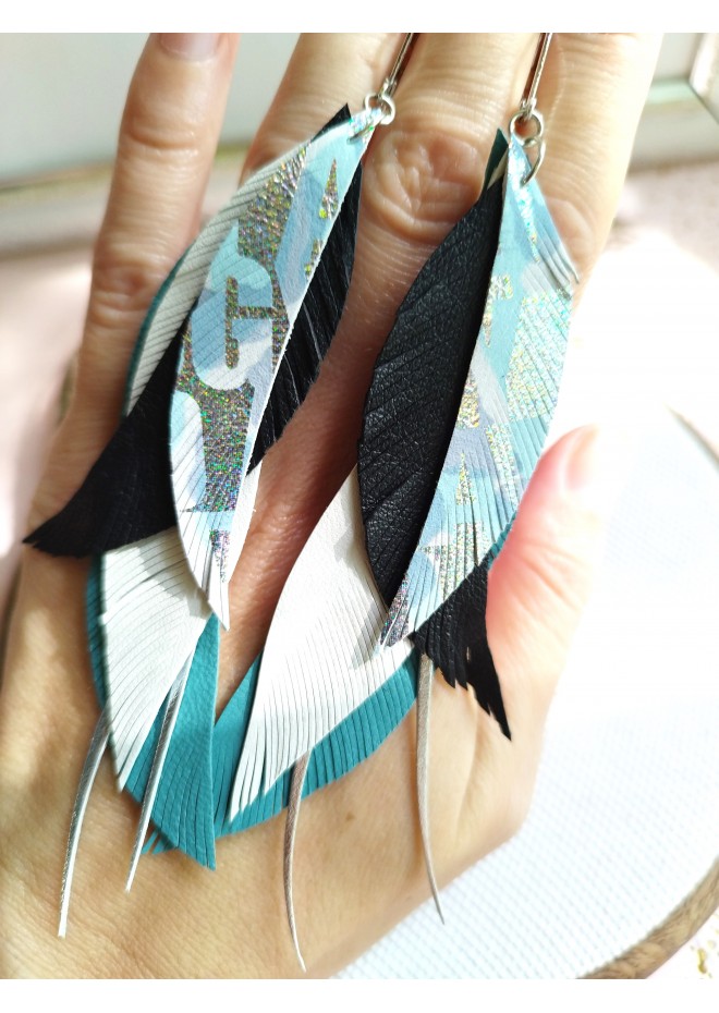 long leather feather turquoise white earrings genuine leather jewelry