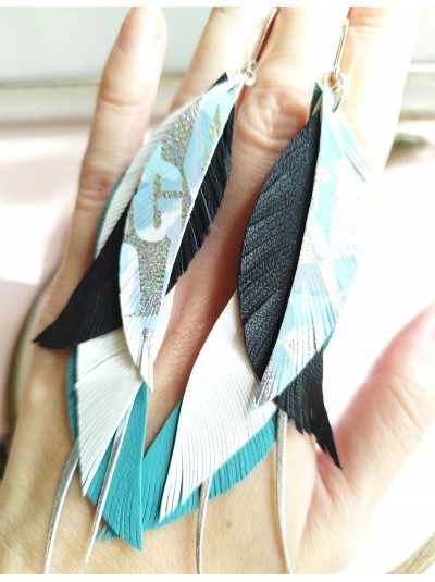 Turquoise black leather feather earrings.  