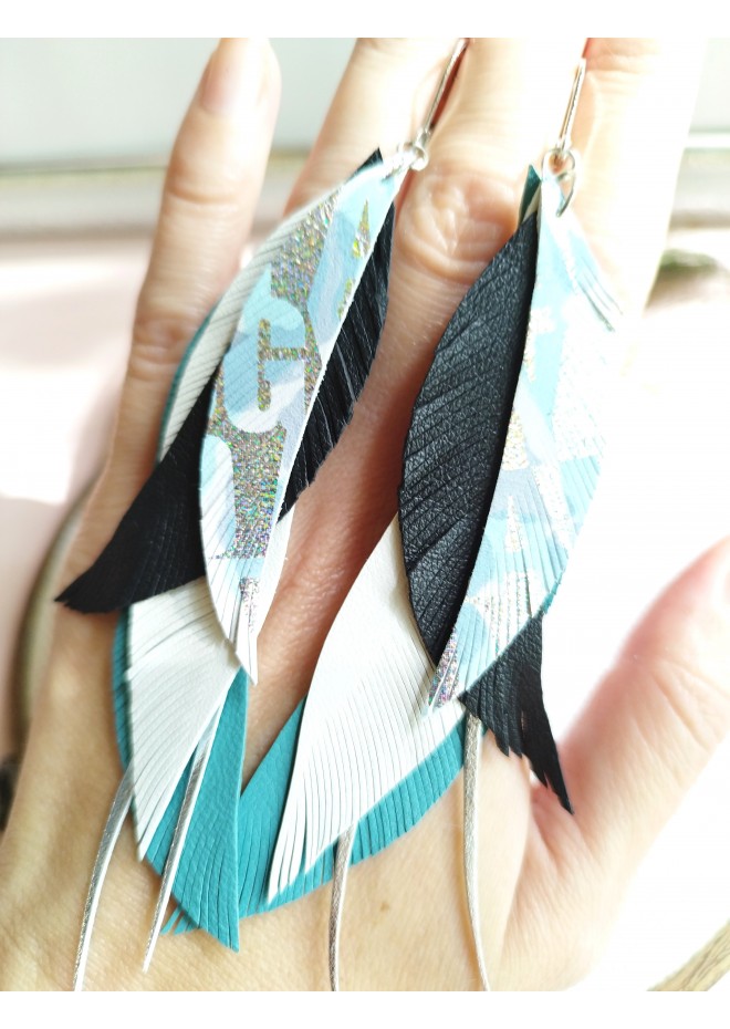 long leather feather turquoise white earrings genuine leather jewelry