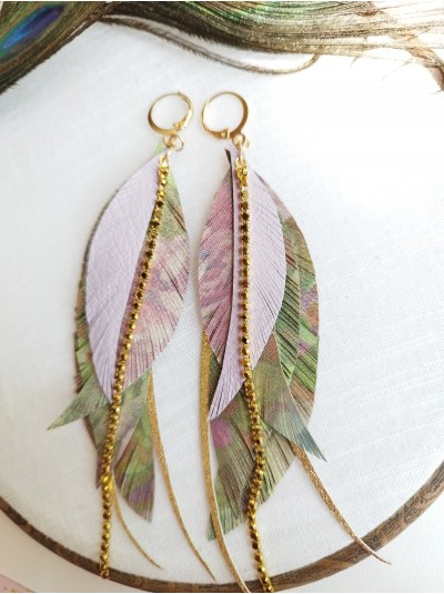 Lilac flower print gold leather feather earrings.  
