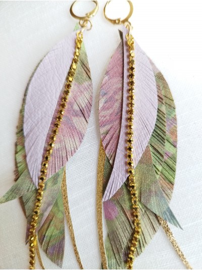 Lilac flower print gold leather feather earrings.  
