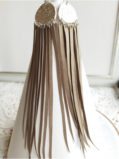 Cappuccino beige long leather tassel earrings 