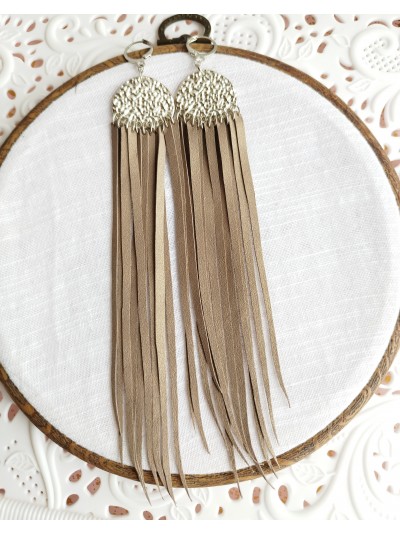 Cappuccino beige long leather tassel earrings 
