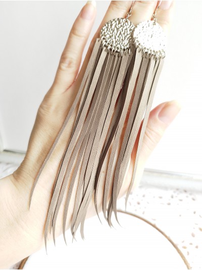 Cappuccino beige long leather tassel earrings 