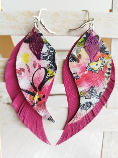 Wildflower pink leather wings earrings.